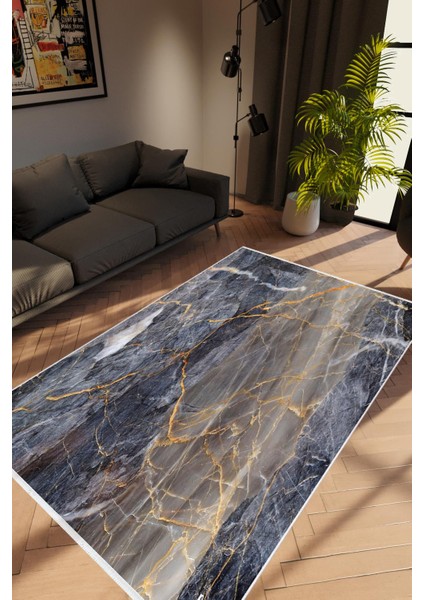 Salon Halısı Taş Mermer Modern Gri Siyah Altın Kaydırmaz Kesme Yıkanabilir Ince Halı Tüysüz Kilim