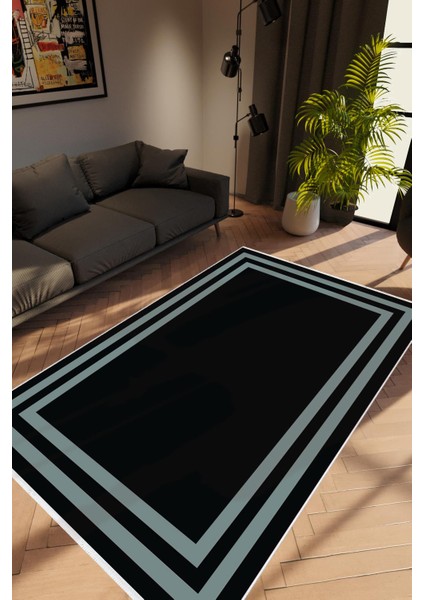 Salon Halısı Modern Çizgili Siyah Gri Kaydırmaz Kesme Yıkanabilir Ince Halı Tüysüz Kilim