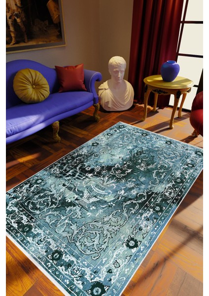 Salon Halısı Klasik Mavi Kaydırmaz Kesme Yıkanabilir Ince Halı Tüysüz Kilim