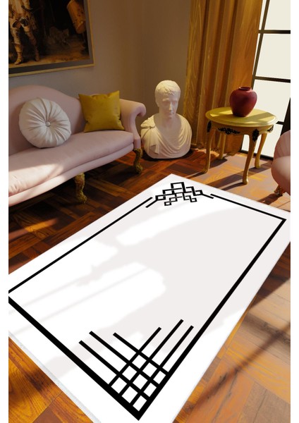 Salon Halısı Klasik Beyaz Kaydırmaz Kesme Yıkanabilir Ince Halı Tüysüz Kilim