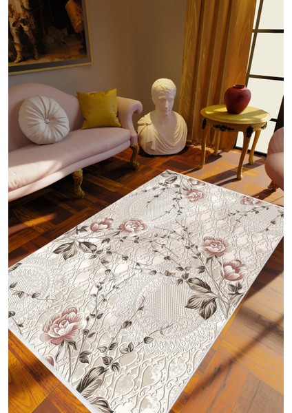 Salon Halısı Figürlü Çiçekli Gri Kahverengi Kaydırmaz Kesme Yıkanabilir Ince Halı Tüysüz Kilim