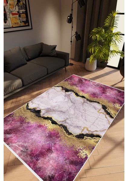 Salon Halısı Taş Mermer Modern Gold Pembe Altın Siyah Kaydırmaz Yıkanabilir Ince Halı Tüysüz Kilim
