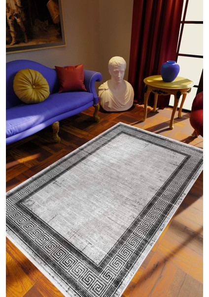 Salon Halısı Klasik Gri Kaydırmaz Kesme Yıkanabilir Ince Halı Tüysüz Kilim