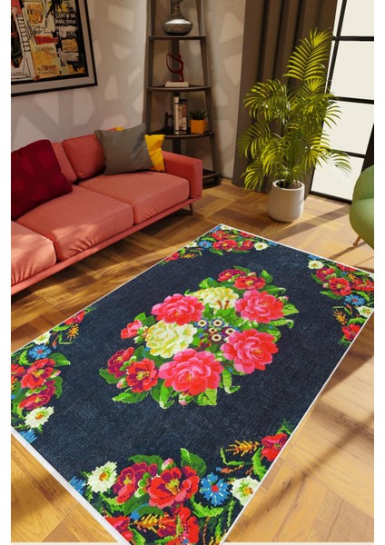 Salon Halısı Figürlü Çiçekli Siyah Kaydırmaz Kesme Yıkanabilir Ince Halı Tüysüz Kilim