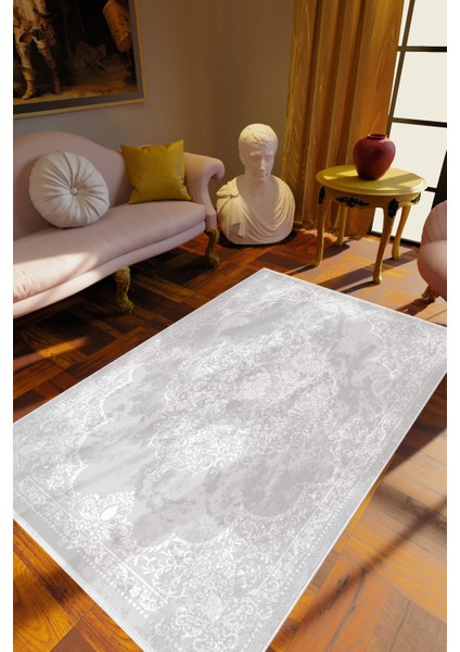 Salon Halısı Klasik Gri Kaydırmaz Kesme Yıkanabilir Ince Halı Tüysüz Kilim