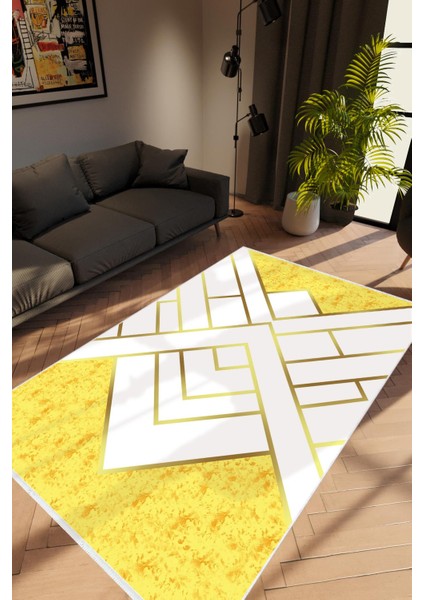 Salon Halısı Modern Geometrik Gold Turuncu Beyaz Altın Kaydırmaz Yıkanabilir Ince Halı Tüysüz Kilim