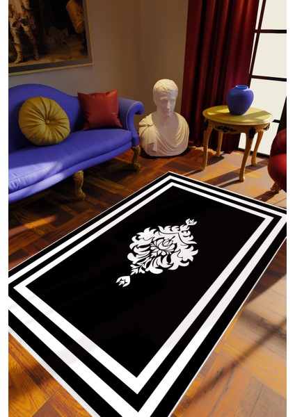 Salon Halısı Klasik Eskitme Siyah Beyaz Kaydırmaz Kesme Yıkanabilir Ince Halı Tüysüz Kilim