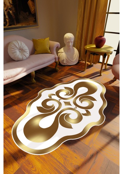 Salon Halısı Klasik Modern Gold Altın Beyaz Metalik Kaydırmaz Yıkanabilir Ince Halı Tüysüz Kilim