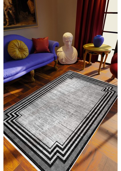 Salon Halısı Klasik Eskitme Gri Siyah Kaydırmaz Kesme Yıkanabilir Ince Halı Tüysüz Kilim
