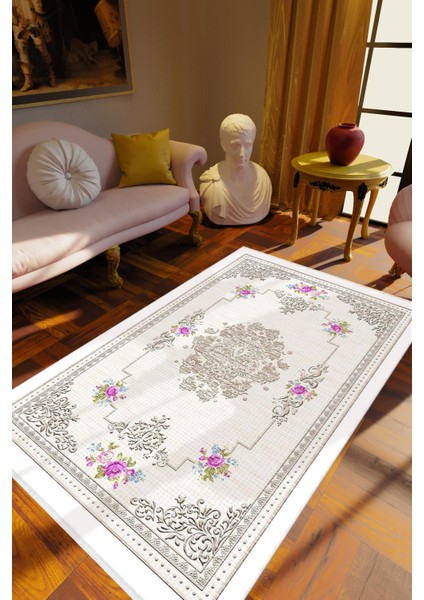 Salon Halısı Figürlü Çiçekli Gri Beyaz Kaydırmaz Kesme Yıkanabilir Ince Halı Tüysüz Kilim