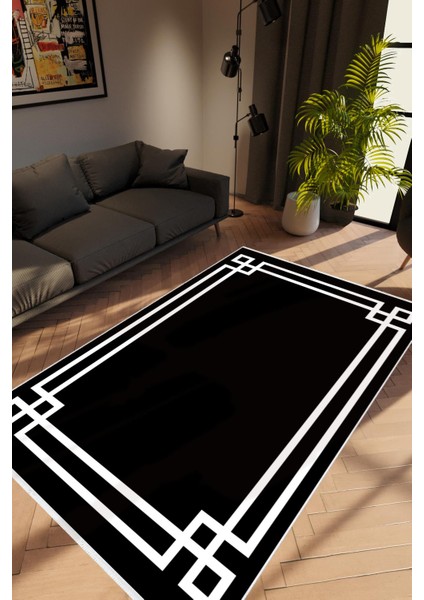 Salon Halısı Modern Çizgili Siyah Beyaz Kaydırmaz Kesme Yıkanabilir Ince Halı Tüysüz Kilim