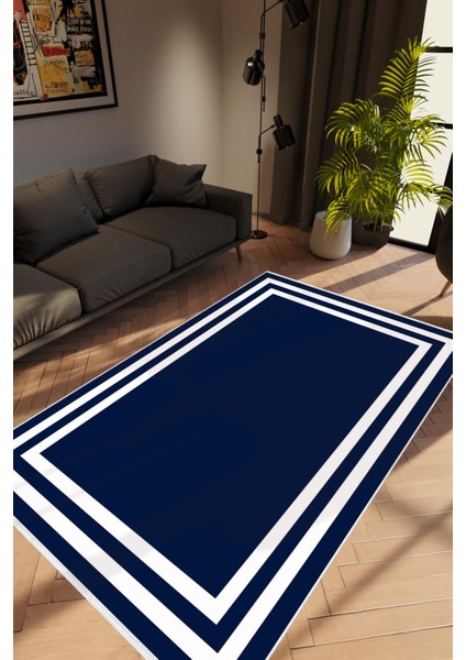 Salon Halısı Modern Çizgili Lacivert Beyaz Kaydırmaz Kesme Yıkanabilir Ince Halı Tüysüz Kilim
