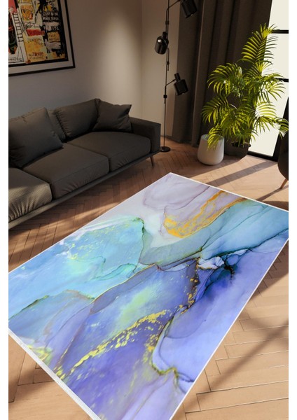 Salon Halısı Taş Mermer Modern Mavi Kaydırmaz Kesme Yıkanabilir Ince Halı Tüysüz Kilim