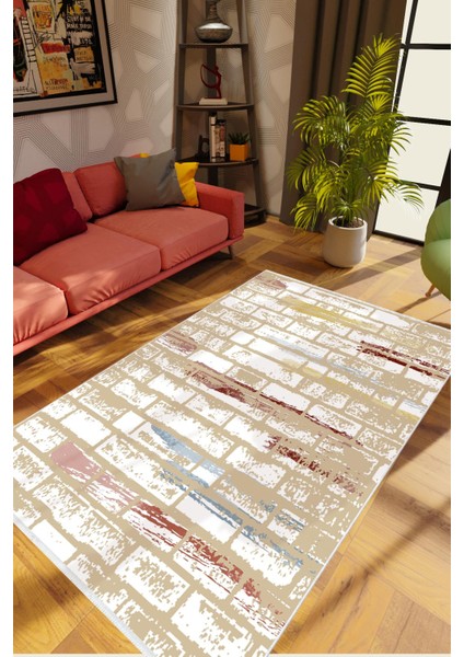 Salon Halısı Taş Mermer Eskitme Bej Vizon Beyaz Kaydırmaz Kesme Yıkanabilir Ince Halı Tüysüz Kilim