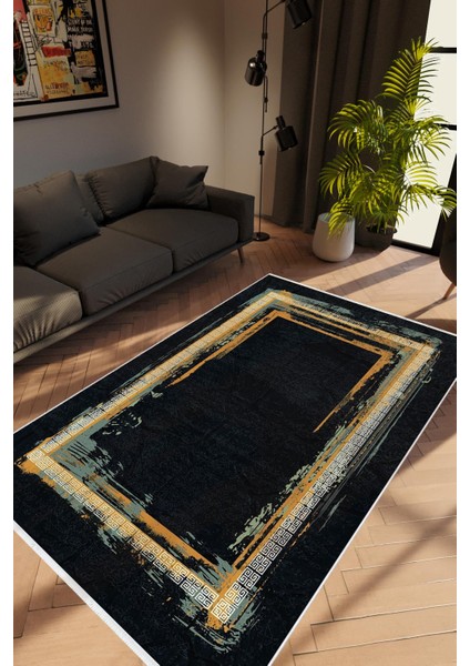 Salon Halısı Modern Çizgili Kahverengi Siyah Altın Kaydırmaz Yıkanabilir Ince Halı Tüysüz Kilim