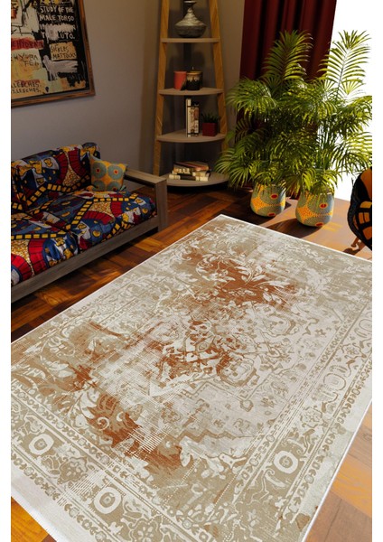 Salon Halısı Otantik Çiçek Temalı Kahverengi Beyaz Kaydırmaz Yıkanabilir Ince Halı Tüysüz Kilim