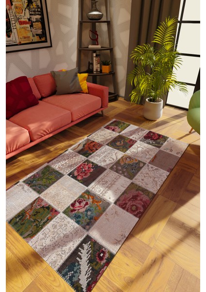 Modern Patchwork Karışık Renkli Dijital Baskı Halı Kaydırmaz Ince Yıkanabilir