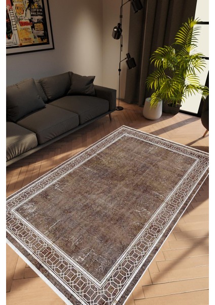 Salon Halısı Modern Çizgili Kahverengi Kaydırmaz Kesme Yıkanabilir Ince Halı Tüysüz Kilim
