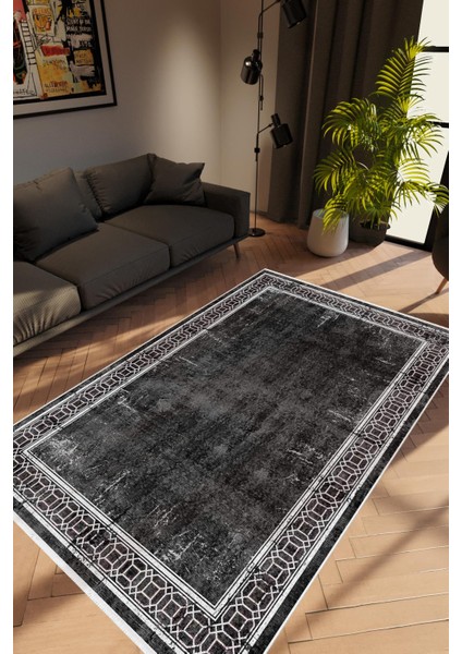 Salon Halısı Modern Çizgili Siyah Kaydırmaz Kesme Yıkanabilir Ince Halı Tüysüz Kilim