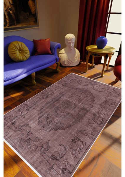 Salon Halısı Eskitme Kahverengi Eflatun Kaydırmaz Kesme Yıkanabilir Ince Halı Tüysüz Kilim