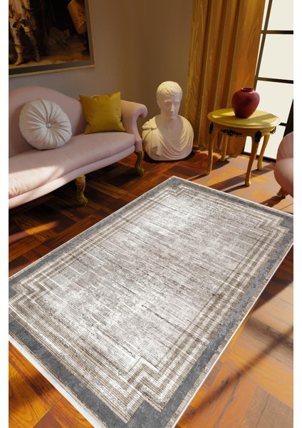 Salon Halısı Klasik Eskitme Gri Kaydırmaz Kesme Yıkanabilir Ince Halı Tüysüz Kilim