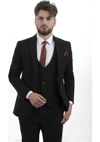 Siyah Slim Fit Yelekli Erkek Takım Elbise