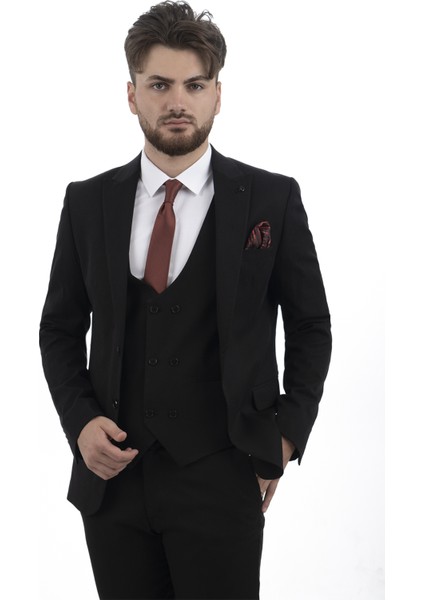 Siyah Slim Fit Yelekli Erkek Takım Elbise