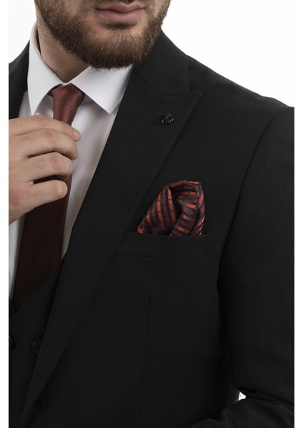 Siyah Slim Fit Yelekli Erkek Takım Elbise