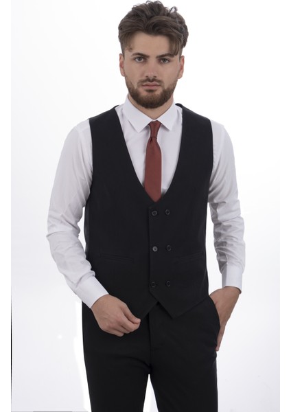 Siyah Slim Fit Yelekli Erkek Takım Elbise