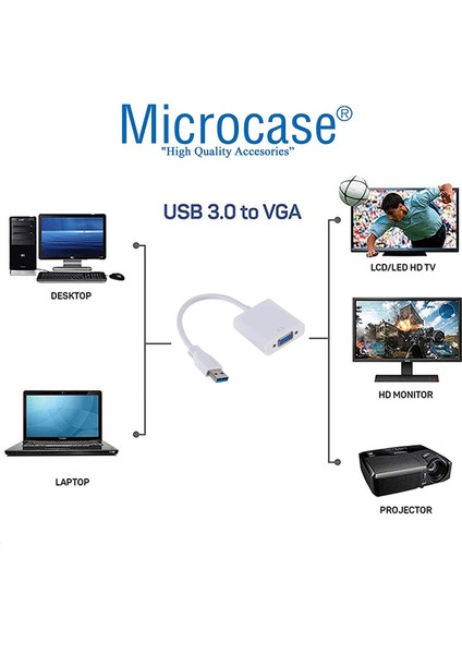 USB 3.0 To VGA Adaptör - 20 cm Beyaz (Usb 3.0 ve USB 2.0 Destekler) - AL2619