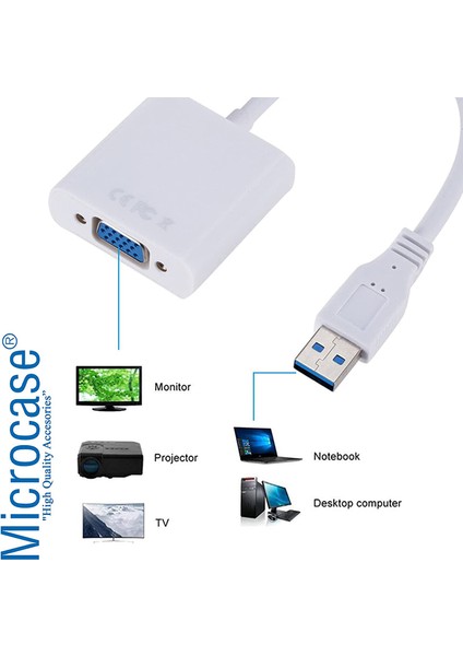 USB 3.0 To VGA Adaptör - 20 cm Beyaz (Usb 3.0 ve USB 2.0 Destekler) - AL2619