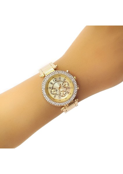 Taşlı Metal Kasa Kordon Altın Sarı Kadın Kol Saati CHBS512