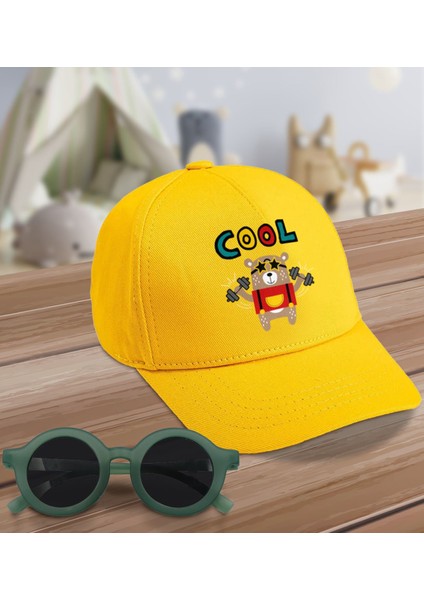 Kids Cool Tasarımlı Sarı Cotton Çocuk Şapkası ve Yeşil Çocuk Güneş Gözlüğü Hediye Seti-2
