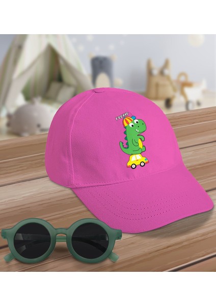 Kids Sevimli Dinozor Tasarımlı Pembe Cotton Çocuk Şapkası ve Yeşil Çocuk Güneş Gözlüğü Hediye Seti