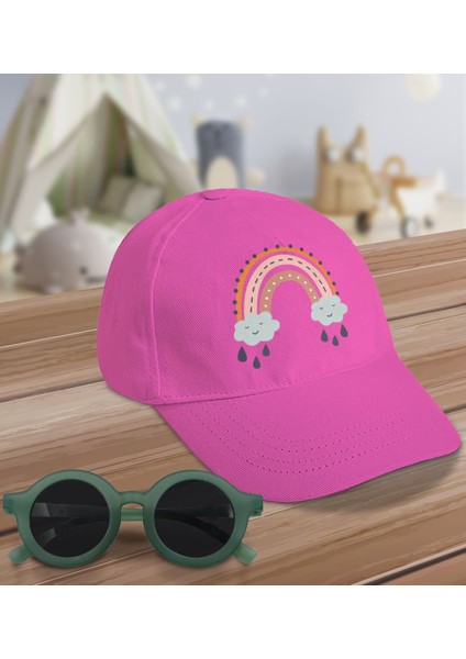 Kids Boho Tasarımlı Pembe Cotton Çocuk Şapkası ve Yeşil Çocuk Güneş Gözlüğü Hediye Seti