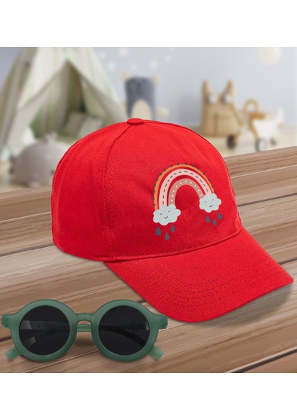 Kids Boho Tasarımlı Kırmızı Cotton Çocuk Şapkası ve Yeşil Çocuk Güneş Gözlüğü Hediye Seti