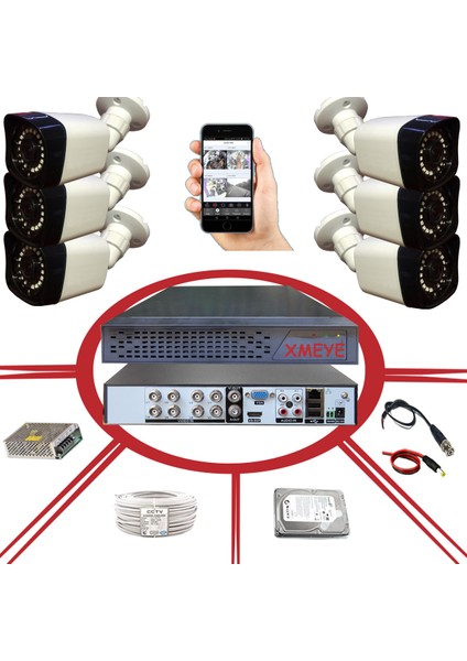 6 Kameralı Yüz Tanımalı Hareket Algılayan 5 MP Lens 18 SMD LED Plastik Kasa Güvenlik Kamerası Seti BS_318