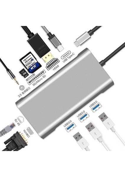 10 In 1 Type-C To VGA HDMI USB C Ethernet Aux Kart Okuyucu Macbook Uyumlu USB Hub Adaptör