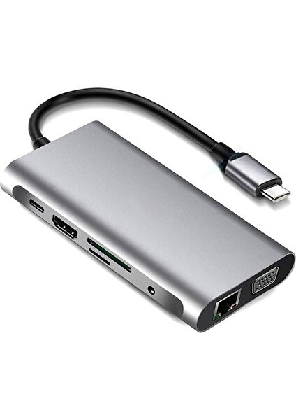 10 In 1 Type-C To VGA HDMI USB C Ethernet Aux Kart Okuyucu Macbook Uyumlu USB Hub Adaptör