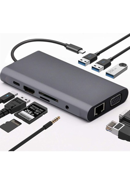 10 In 1 Type-C To VGA HDMI USB C Ethernet Aux Kart Okuyucu Macbook Uyumlu USB Hub Adaptör