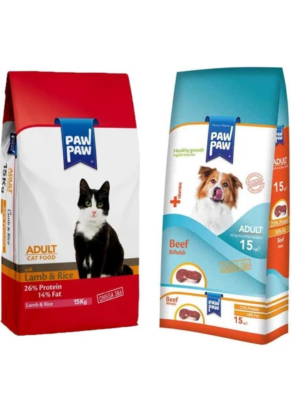 Kuzulu ve Pirinçli Yetişkin Kedi Maması 15 kg + Biftekli Yetişkin Köpek Maması 15 kg