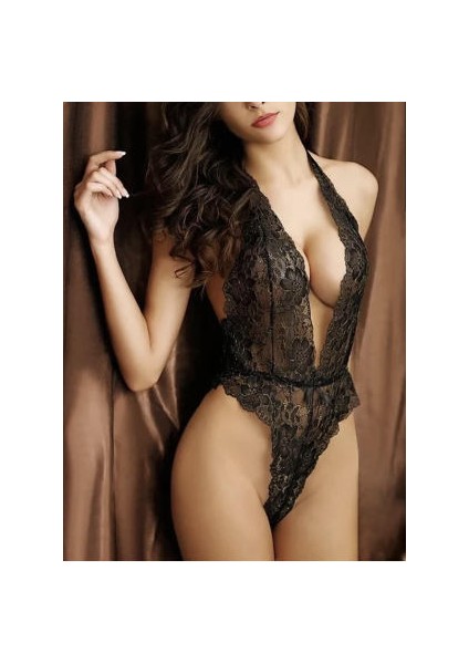 Siyah Dantel Işlemeli Bodysuit