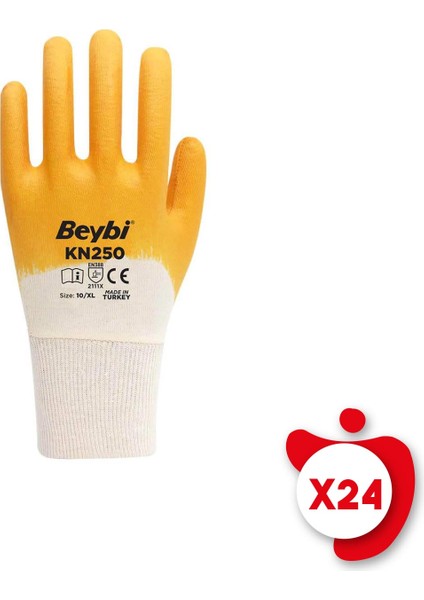 KN250 Sarı Pamuk Nitril Iş Eldiveni 10 Beden 24 Çift