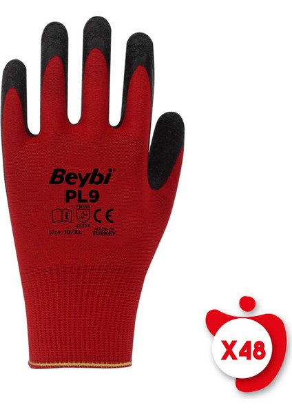 Pl9 Kırmızı-Siyah Poly. Örme Lateks Iş Eldiveni 10 Beden 48 Çift