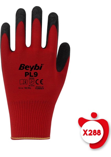 Pl9 Kırmızı-Siyah Poly. Örme Lateks Iş Eldiveni 10 Beden 288 Çift