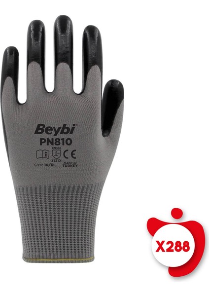 PN810 Gri-Siyah Polyester Örme Nitril Iş Eldiveni 10 Beden 288 Çift