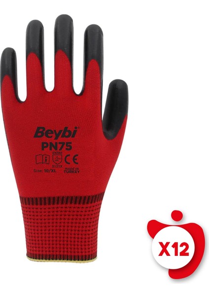 PN75 Kırmızı-Siyah Poly. Örme Nitril Iş Eldiveni 10 Beden 12 Çift
