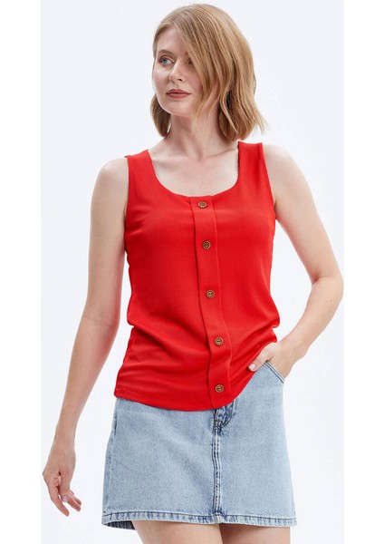 Düğme Detaylı Kalın Askılı Tshirt - Mercan modelleri