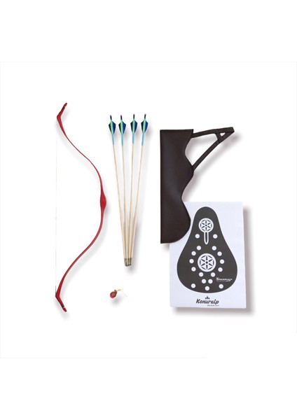 Geleneksel Okçuluk Başlangıç Genç Ok Yay Seti Kırmızı (4 Ok+ Zihgir+ Tirkeş +Hedef)