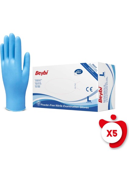 Pudrasız Nitril Eldiven L Beden Mavi 100'LÜ 5 Paket